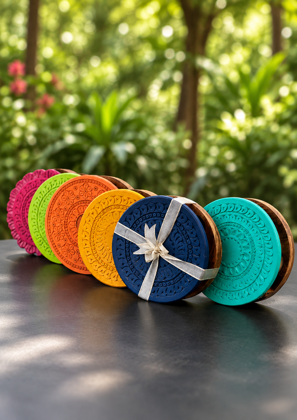 Fan of carved round boxes in pink, green, orange, yellow, navy with a ribbon, and teal