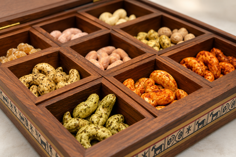 Wooden compartment box of seasoned cashews and nuts