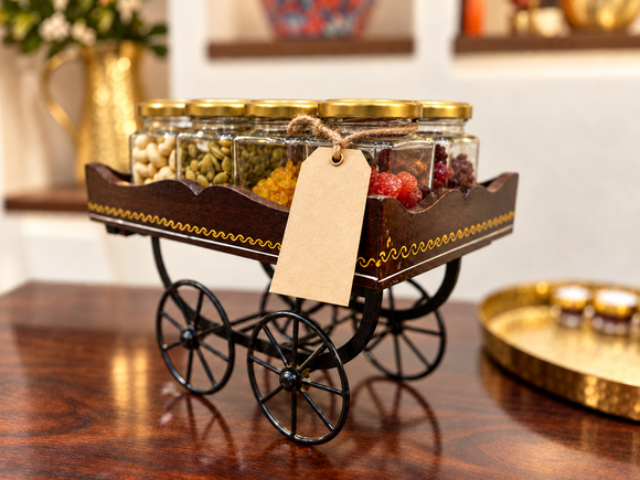 Wooden trolley with glass jars of nuts and dried fruit, and a blank kraft tag